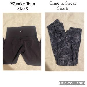Wunder train size 6, 21 inch inseam. And Time to sweat size 6, 23 inch.